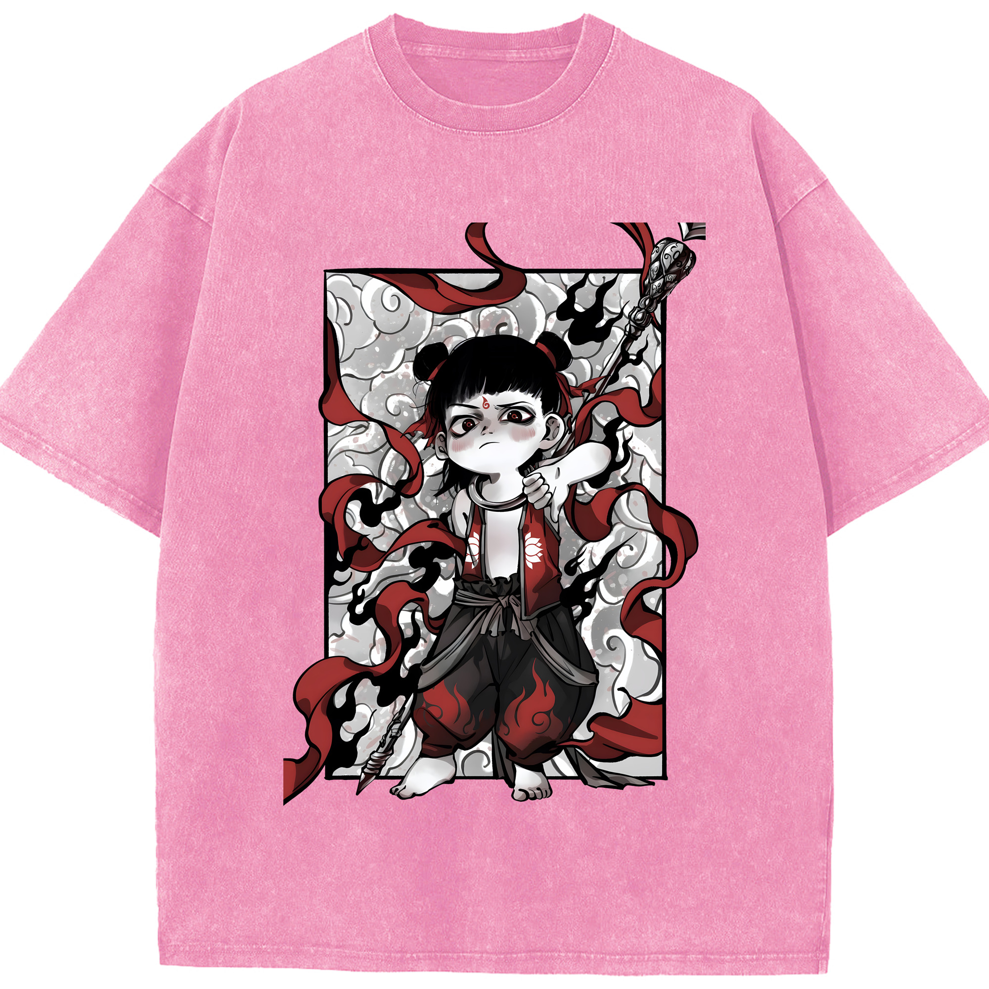 （画像用） Ne Zha 2 ナタ 魔童の大暴れ 綿100% ヴィンテージ風 半袖Tシャツ（フロントプリント）